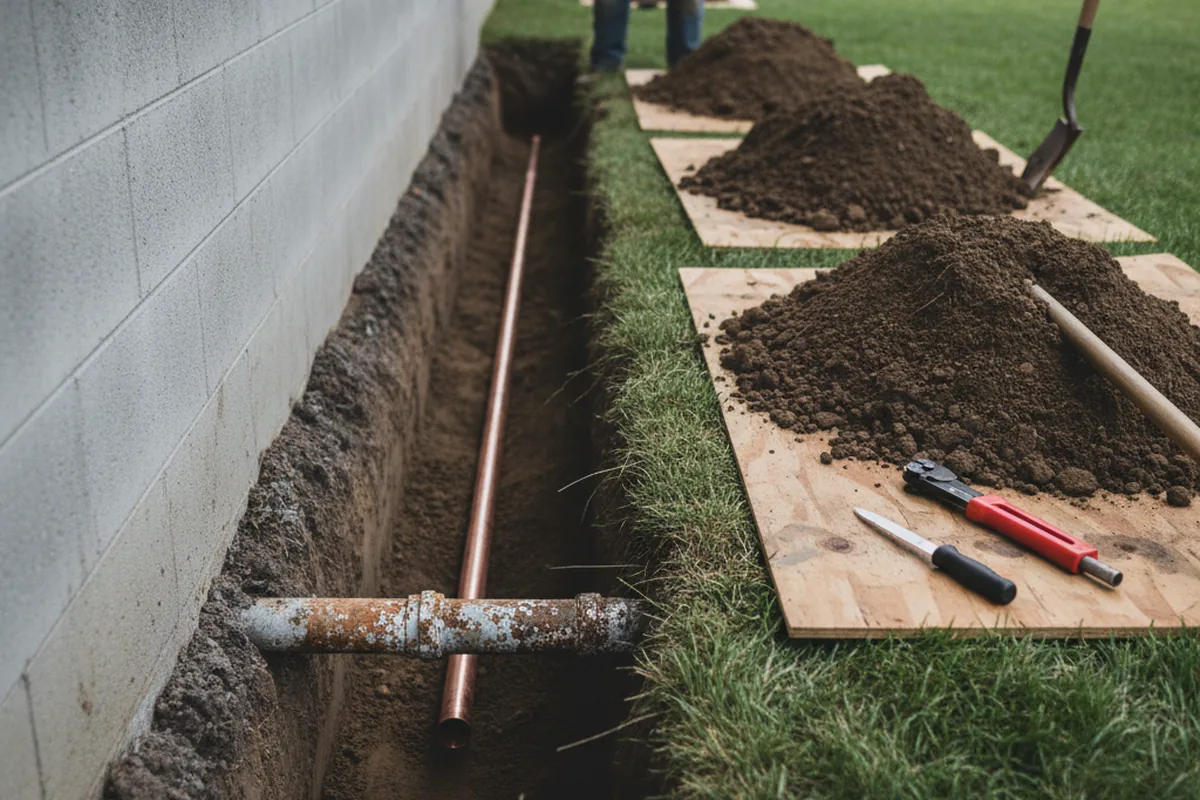 Excavated water line trench during Water Heater Repair in Anna